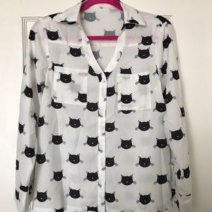 Black and white cat button up blouse